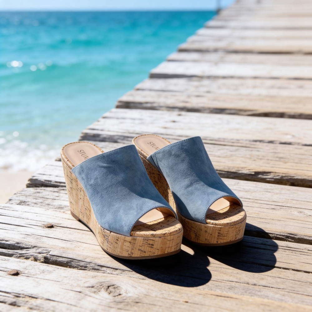 Stuart Weitzman Teal Blue Suede Cork Wedge Mules 10